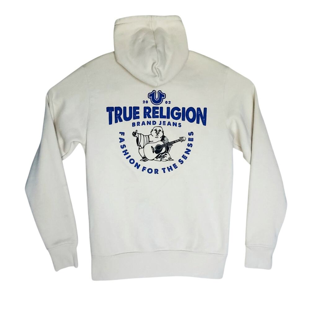 True Religion Men's Guitar Buddha Logo Fleece Full Zip Hoodie Cream Blue Size S